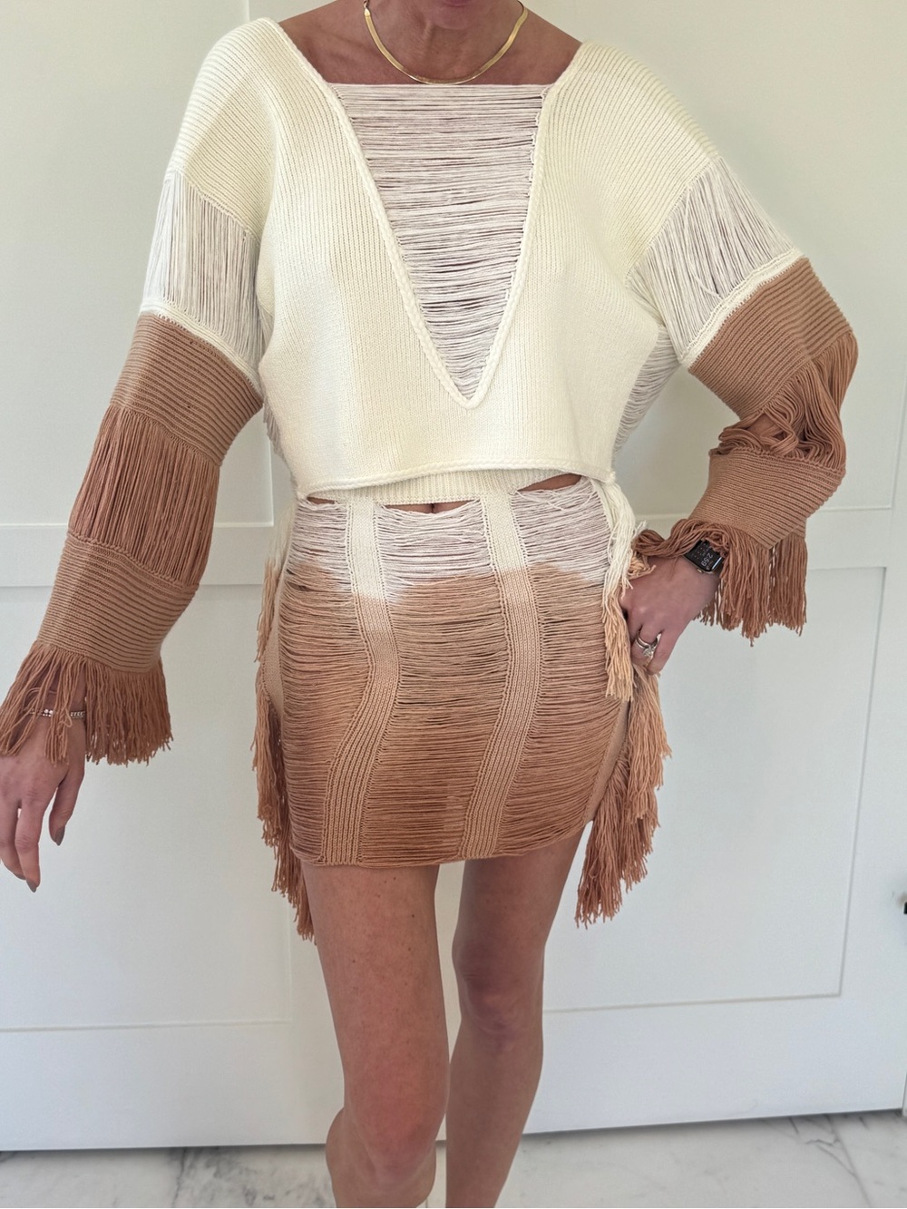 AKIRA Ombre Fringe Knit Mini Skirt and top in Cream & Tan